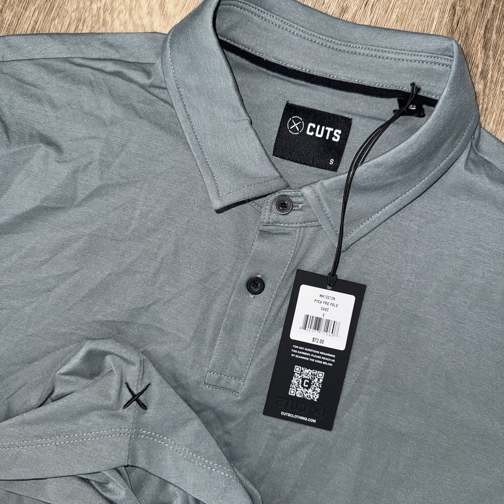 NEW CUTS Pyca Pro Polo Sage Green Men's S Curve Hem Short Sleeve Performance